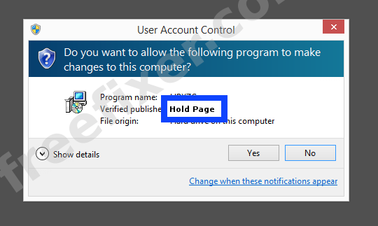 Screenshot where Hold Page appears as the verified publisher in the UAC dialog